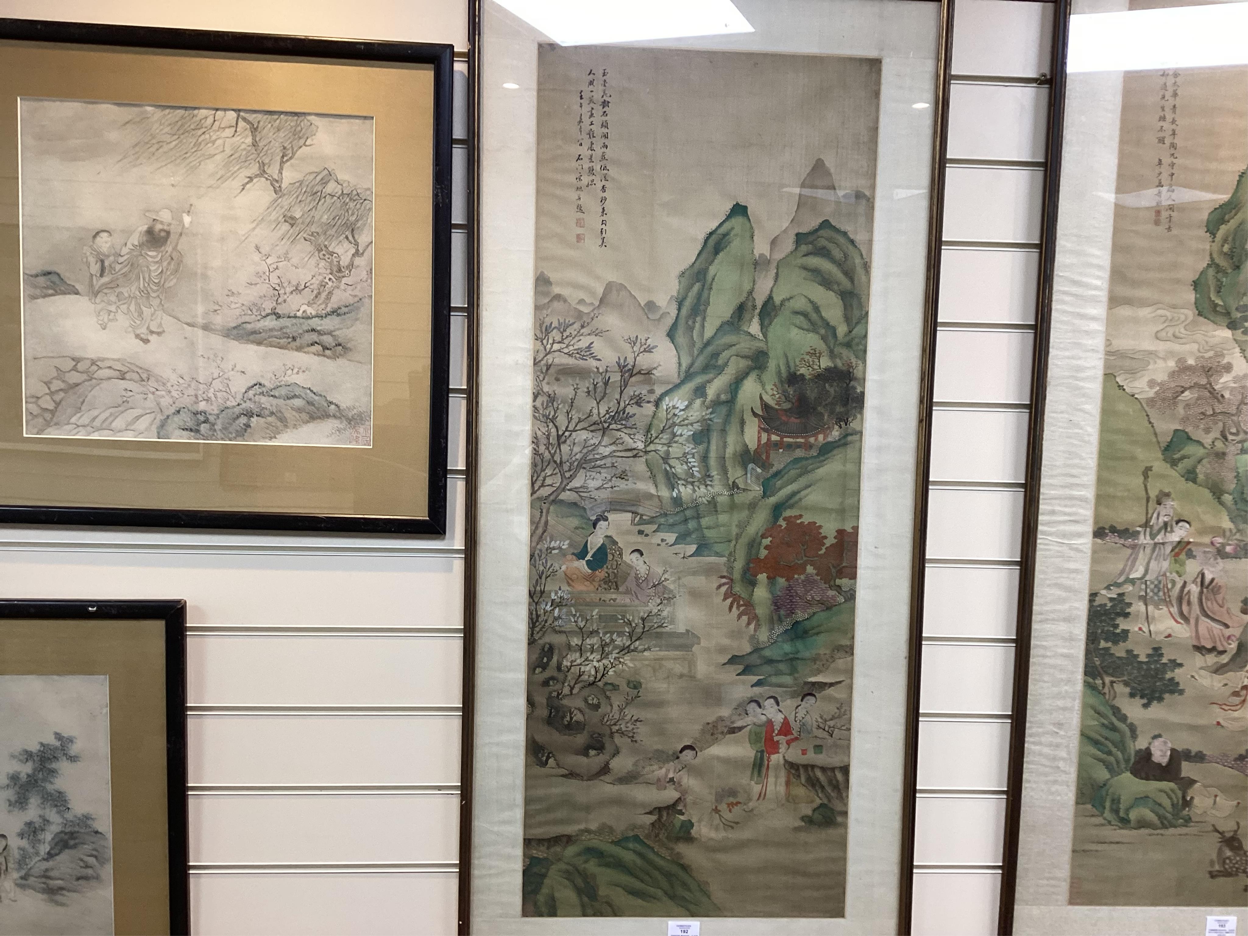 Chinese School , (late 19th century), Ladies in a garden, Ink and colour on silk, 107cm x 41cm, excluding brocade border